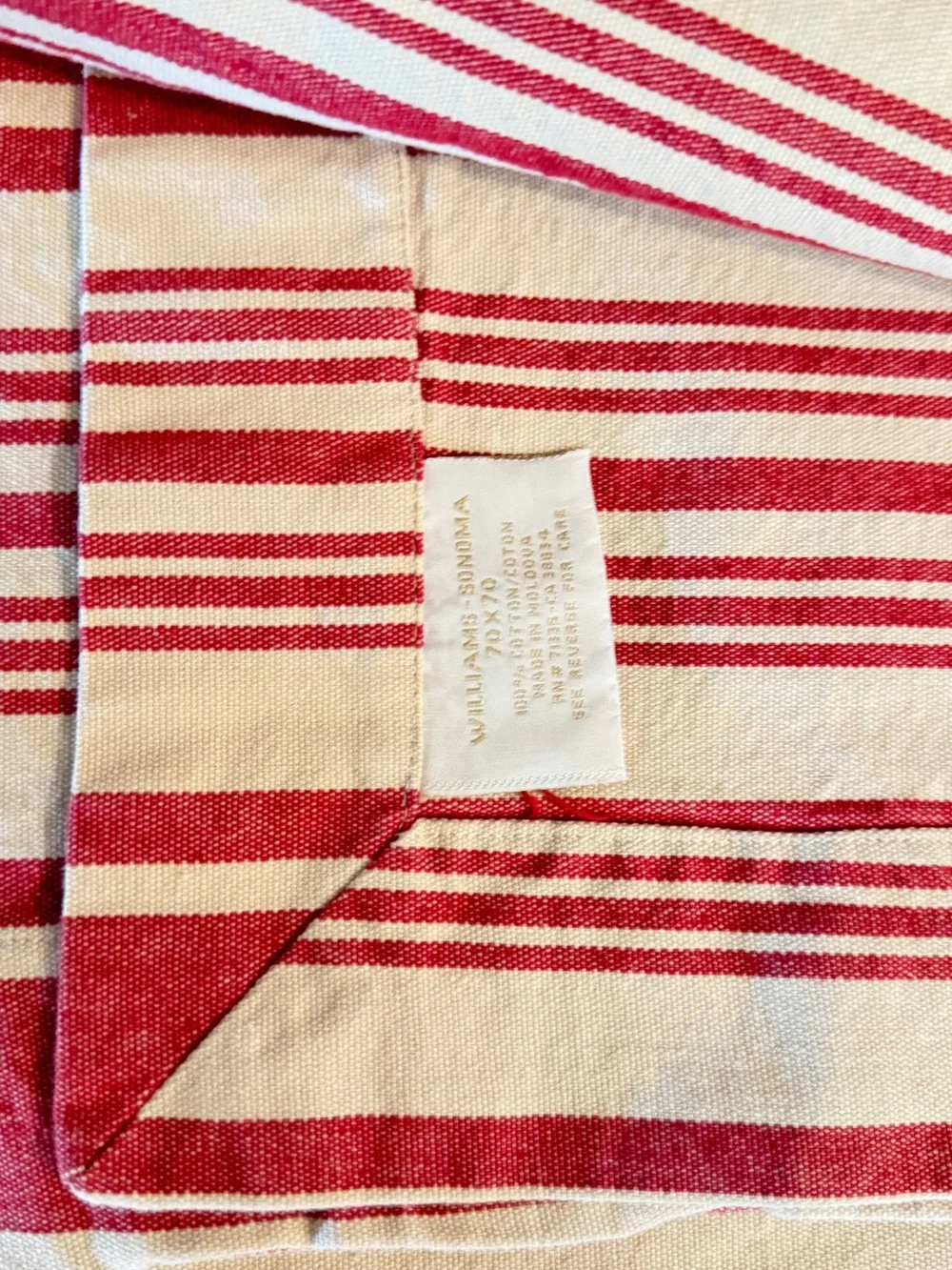 Williams Sonoma Vintage Red/Ivory Cabana Stripe Table Cloth 70” x 70”